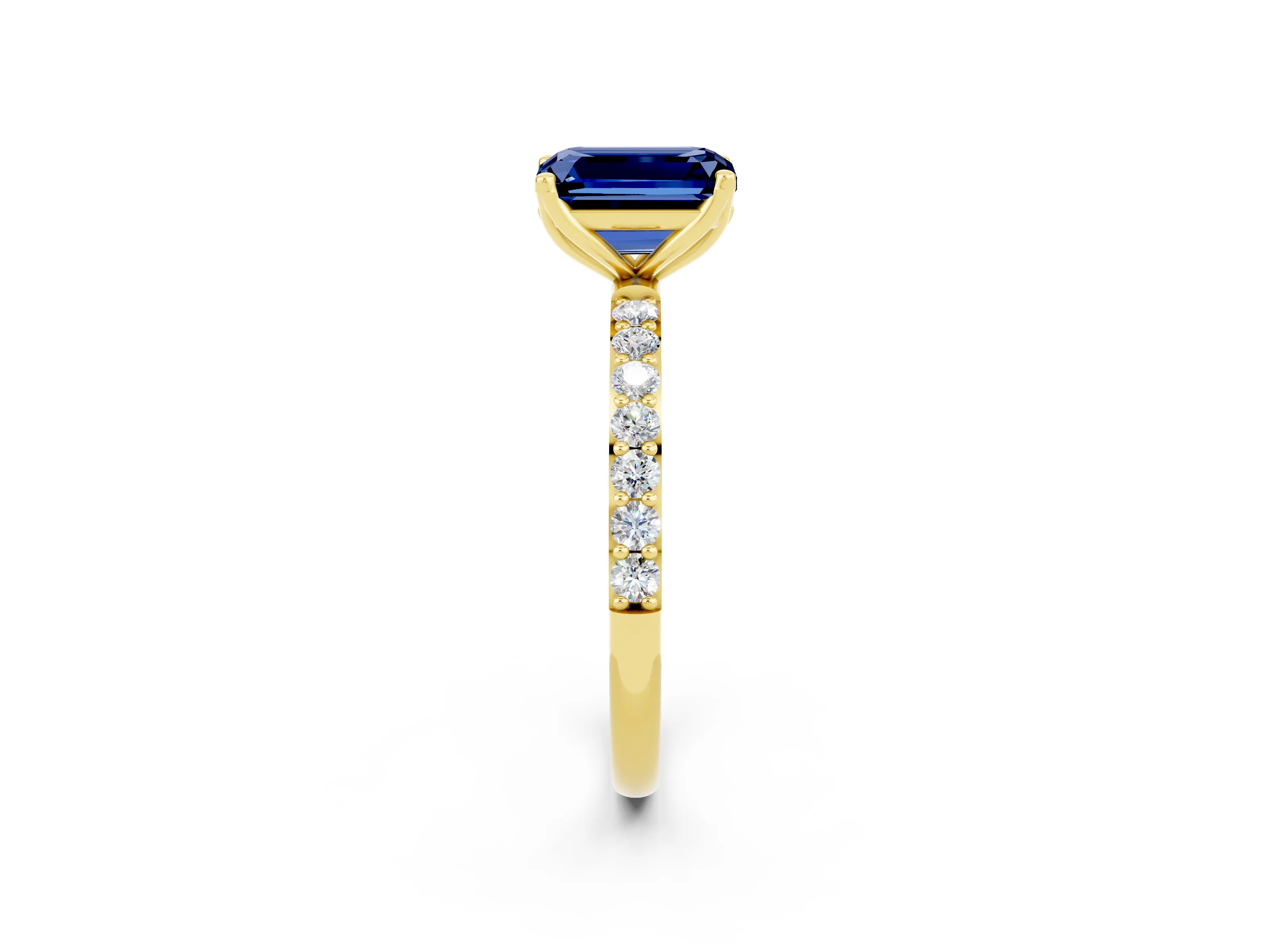 Yellow gold Emerald Cut Blue Sapphire Solitaire Engagement Ring with Pavé Band and Prong Setting_2