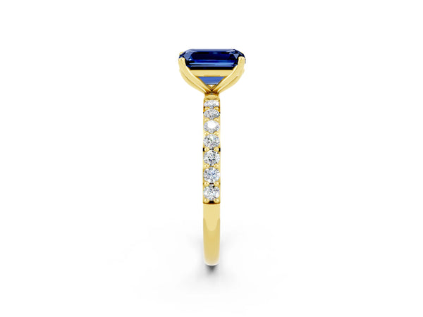 Yellow gold Emerald Cut Blue Sapphire Solitaire Engagement Ring with Round  Pavé Band and Prong Setting