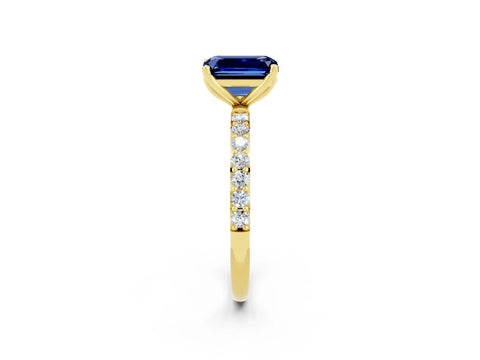 Yellow gold Emerald Cut Blue Sapphire Solitaire Engagement Ring with Pavé Band and Prong Setting_2