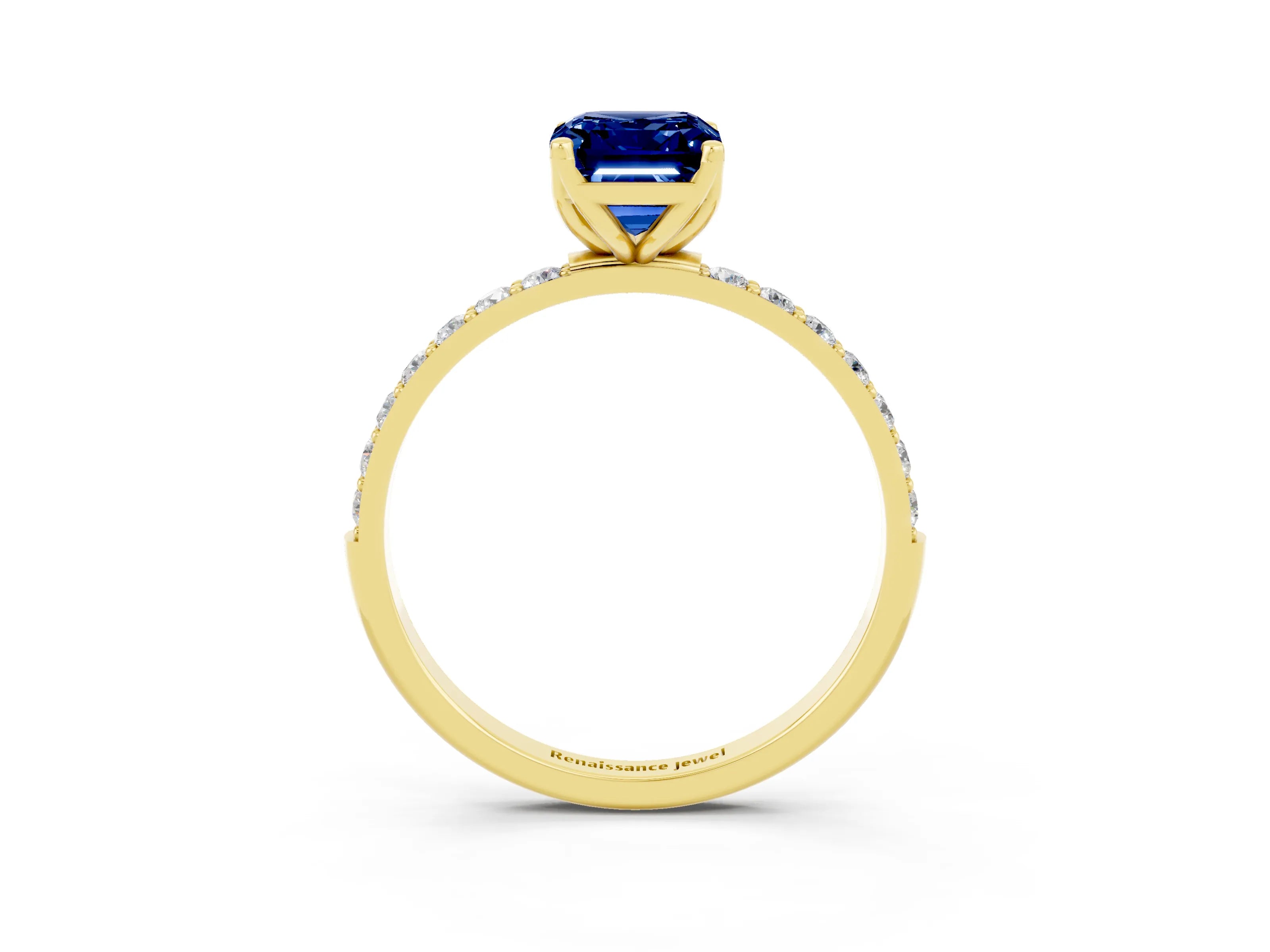 Yellow gold Emerald Cut Blue Sapphire Solitaire Engagement Ring with Pavé Band and Prong Setting_3
