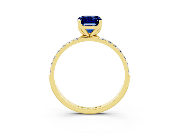 Yellow gold Emerald Cut Blue Sapphire Solitaire Engagement Ring with Round  Pavé Band and Prong Setting
