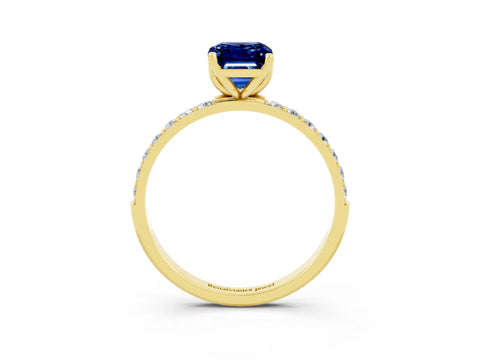 Yellow gold Emerald Cut Blue Sapphire Solitaire Engagement Ring with Pavé Band and Prong Setting_3