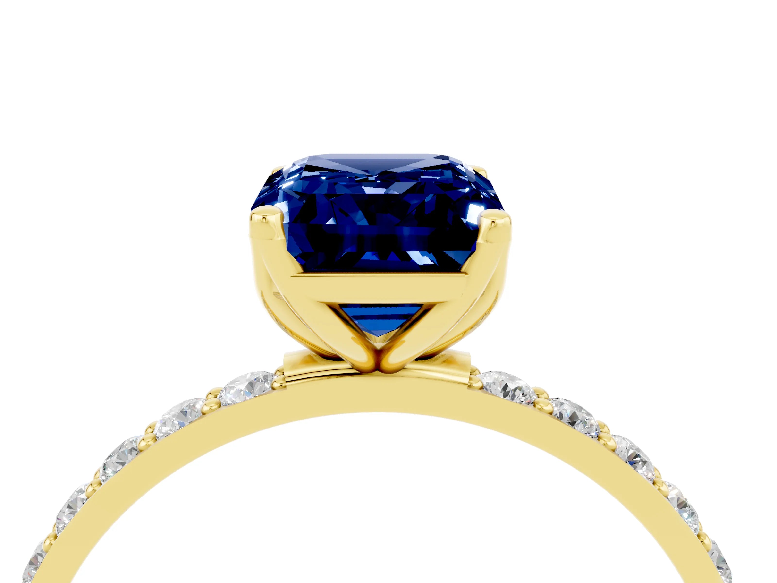 Yellow gold Emerald Cut Blue Sapphire Solitaire Engagement Ring with Pavé Band and Prong Setting_4