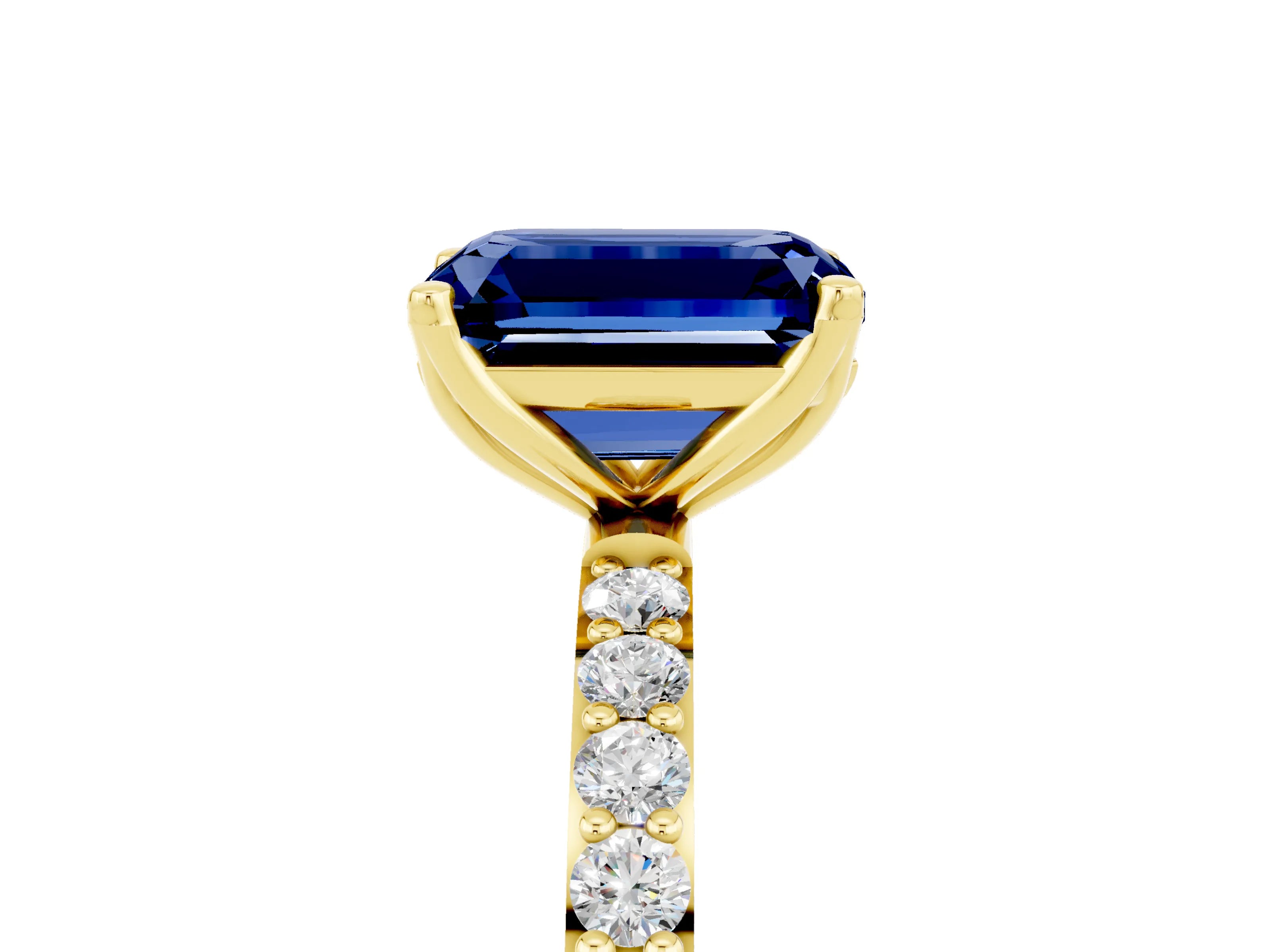 Yellow gold Emerald Cut Blue Sapphire Solitaire Engagement Ring with Pavé Band and Prong Setting_5