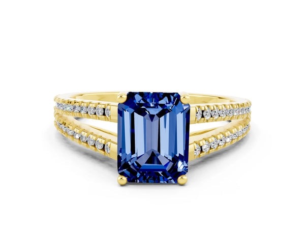 Yellow gold Emerald Cut Blue Sapphire Solitaire Engagement Ring with Split Shank Pavé Band