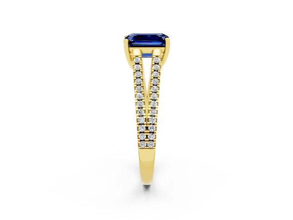 Yellow gold Emerald Cut Blue Sapphire Solitaire Engagement Ring with Split Shank Pavé Band
