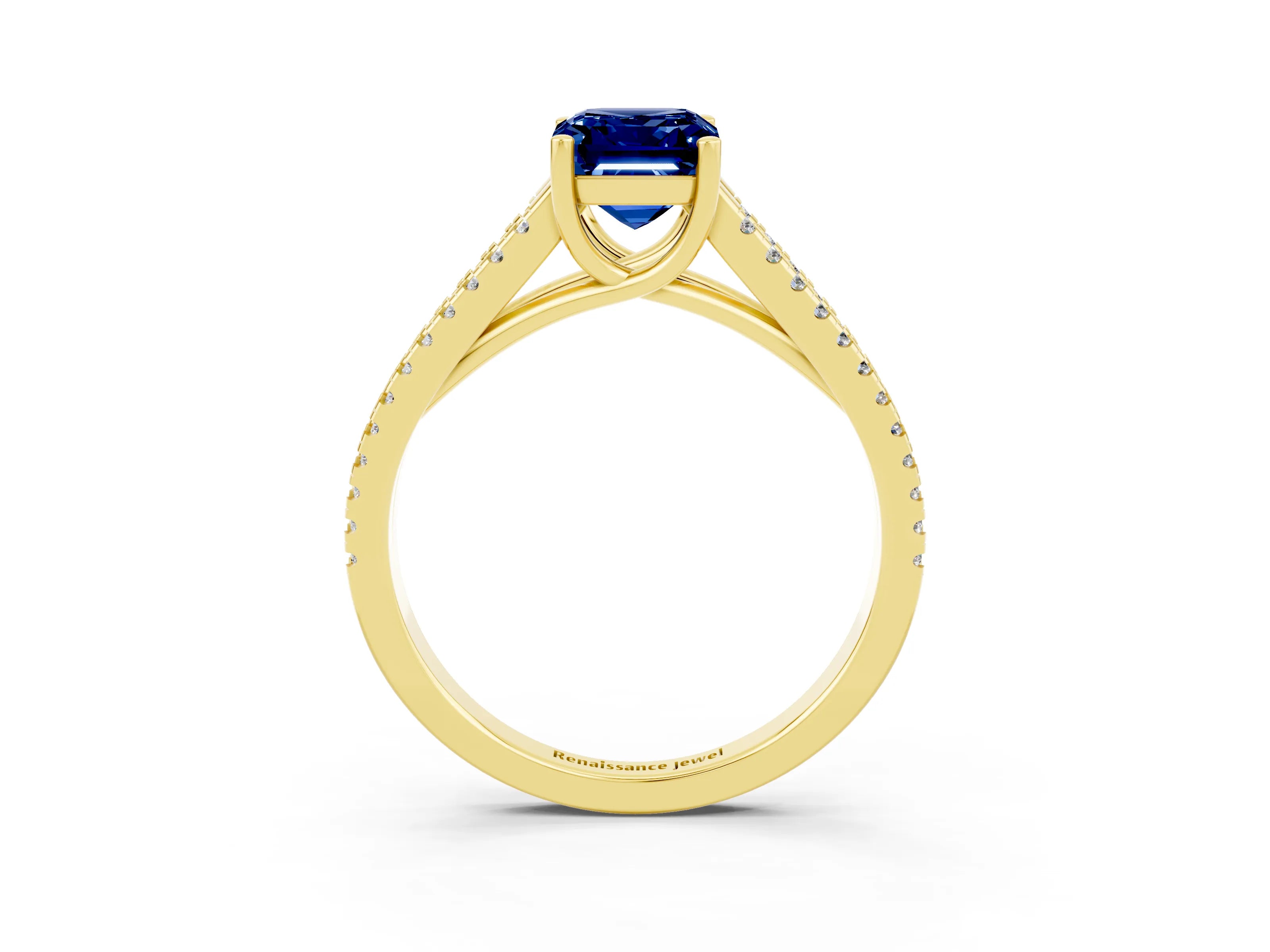 Yellow gold Emerald Cut Blue Sapphire Solitaire Engagement Ring with Split Shank Pavé Band_3