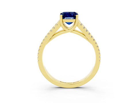 Yellow gold Emerald Cut Blue Sapphire Solitaire Engagement Ring with Split Shank Pavé Band_3