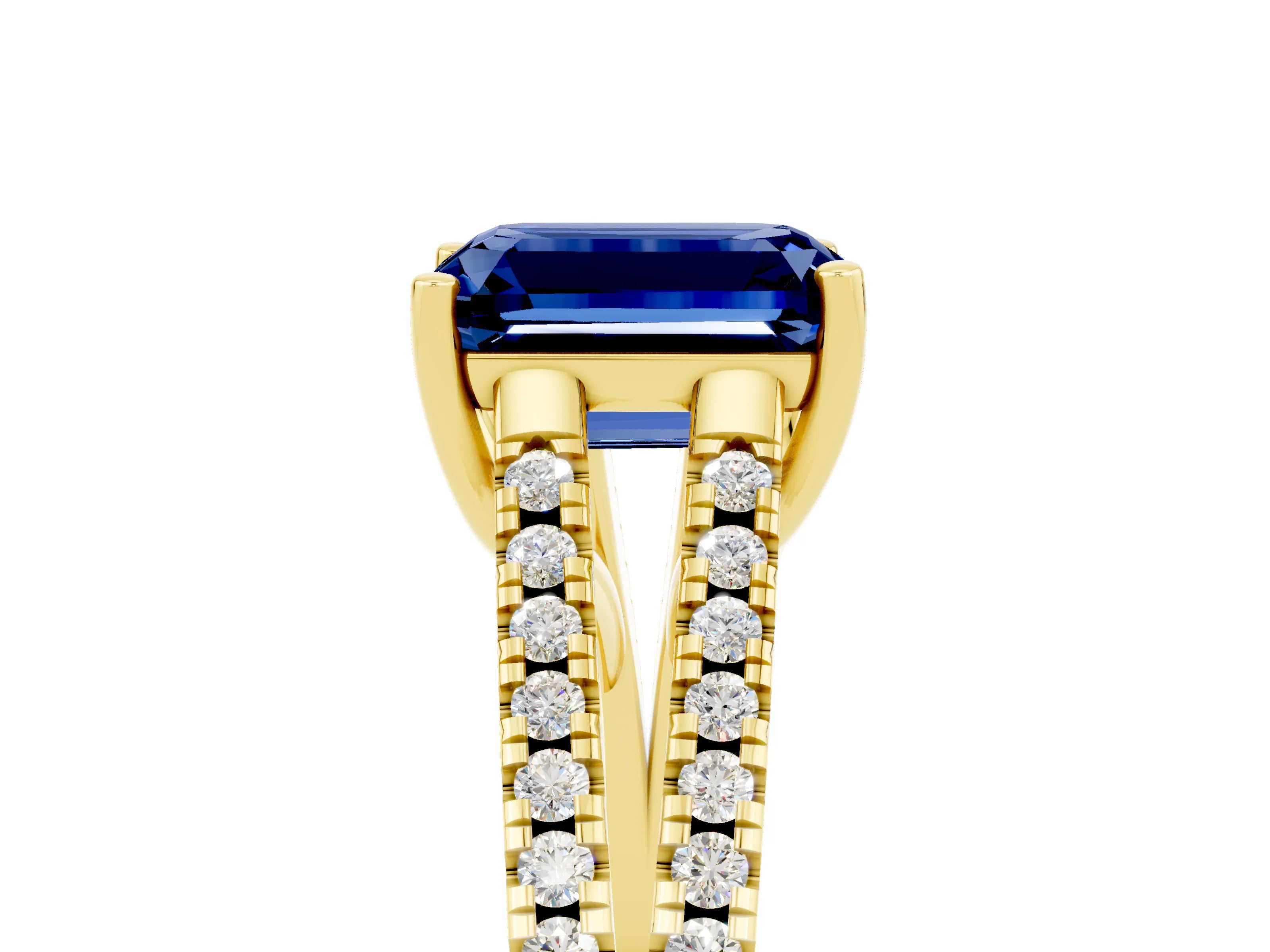 Yellow gold Emerald Cut Blue Sapphire Solitaire Engagement Ring with Split Shank Pavé Band_5