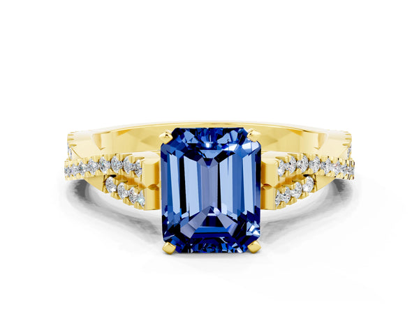 Yellow gold Emerald Cut Blue Sapphire Solitaire Engagement Ring with Twisted Pavé Band and Four-Prong Setting