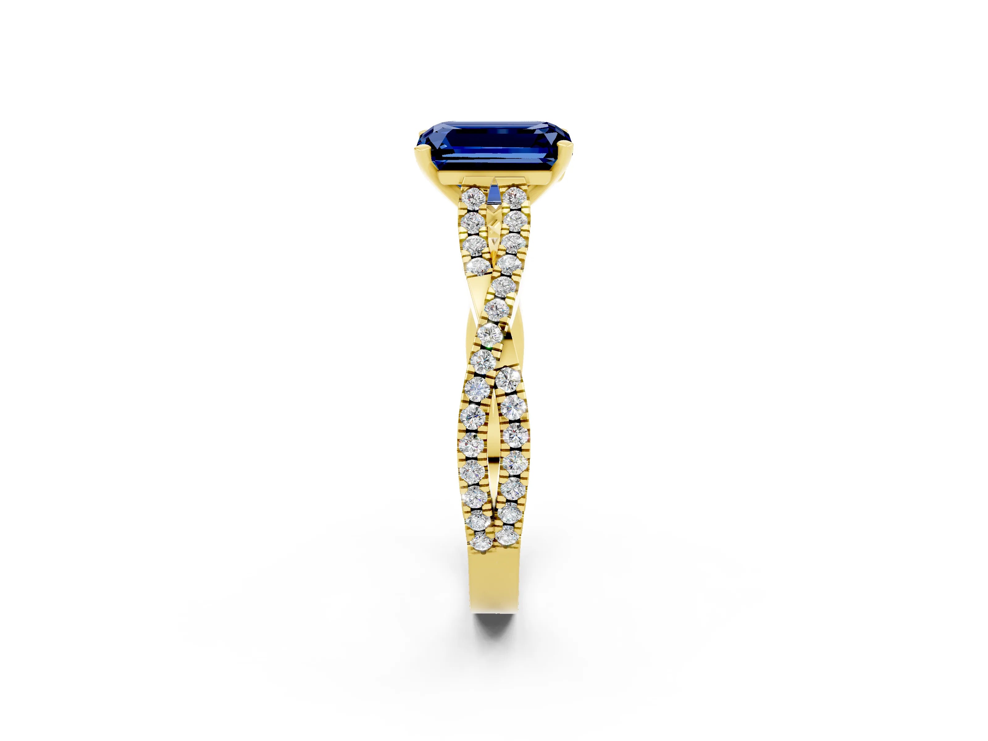 Yellow gold Emerald Cut Blue Sapphire Solitaire Engagement Ring with Twisted Pavé Band and Four-Prong Setting_2