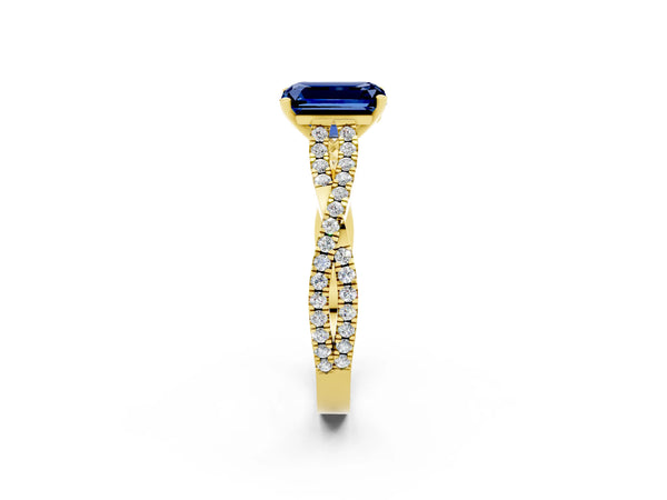 Yellow gold Emerald Cut Blue Sapphire Solitaire Engagement Ring with Twisted Pavé Band and Four-Prong Setting