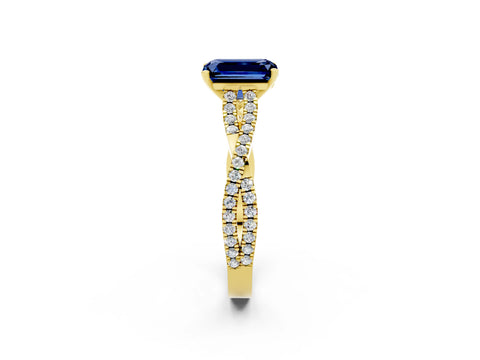 Yellow gold Emerald Cut Blue Sapphire Solitaire Engagement Ring with Twisted Pavé Band and Four-Prong Setting_2