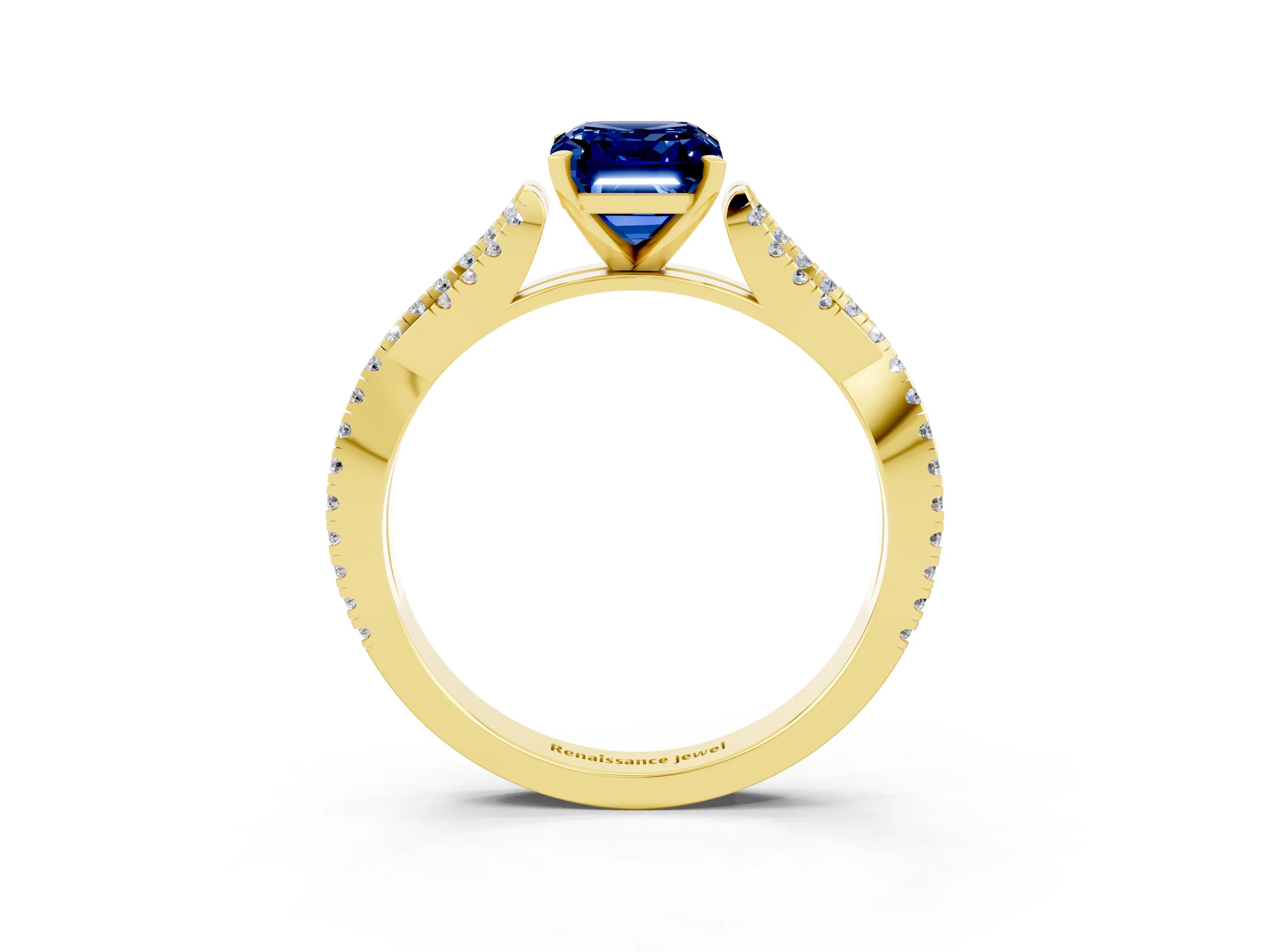 Yellow gold Emerald Cut Blue Sapphire Solitaire Engagement Ring with Twisted Pavé Band and Four-Prong Setting_3