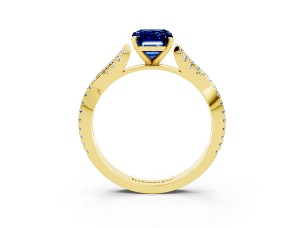 Yellow gold Emerald Cut Blue Sapphire Solitaire Engagement Ring with Twisted Pavé Band and Four-Prong Setting