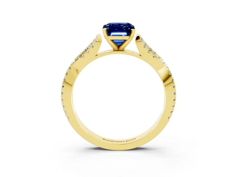 Yellow gold Emerald Cut Blue Sapphire Solitaire Engagement Ring with Twisted Pavé Band and Four-Prong Setting_3