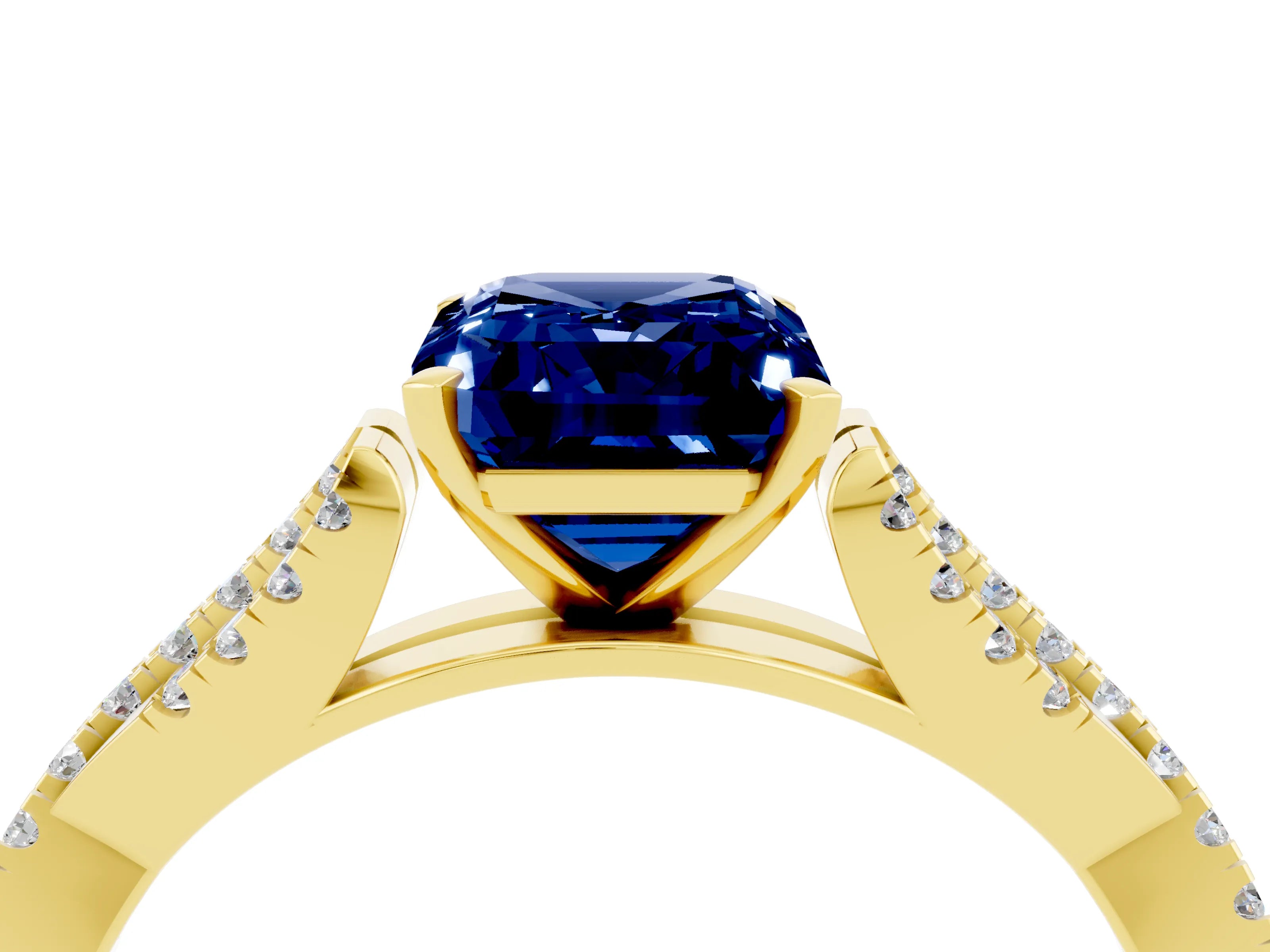 Yellow gold Emerald Cut Blue Sapphire Solitaire Engagement Ring with Twisted Pavé Band and Four-Prong Setting_4