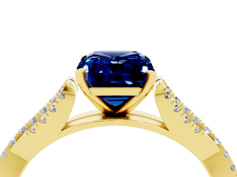 Yellow gold Emerald Cut Blue Sapphire Solitaire Engagement Ring with Twisted Pavé Band and Four-Prong Setting_4