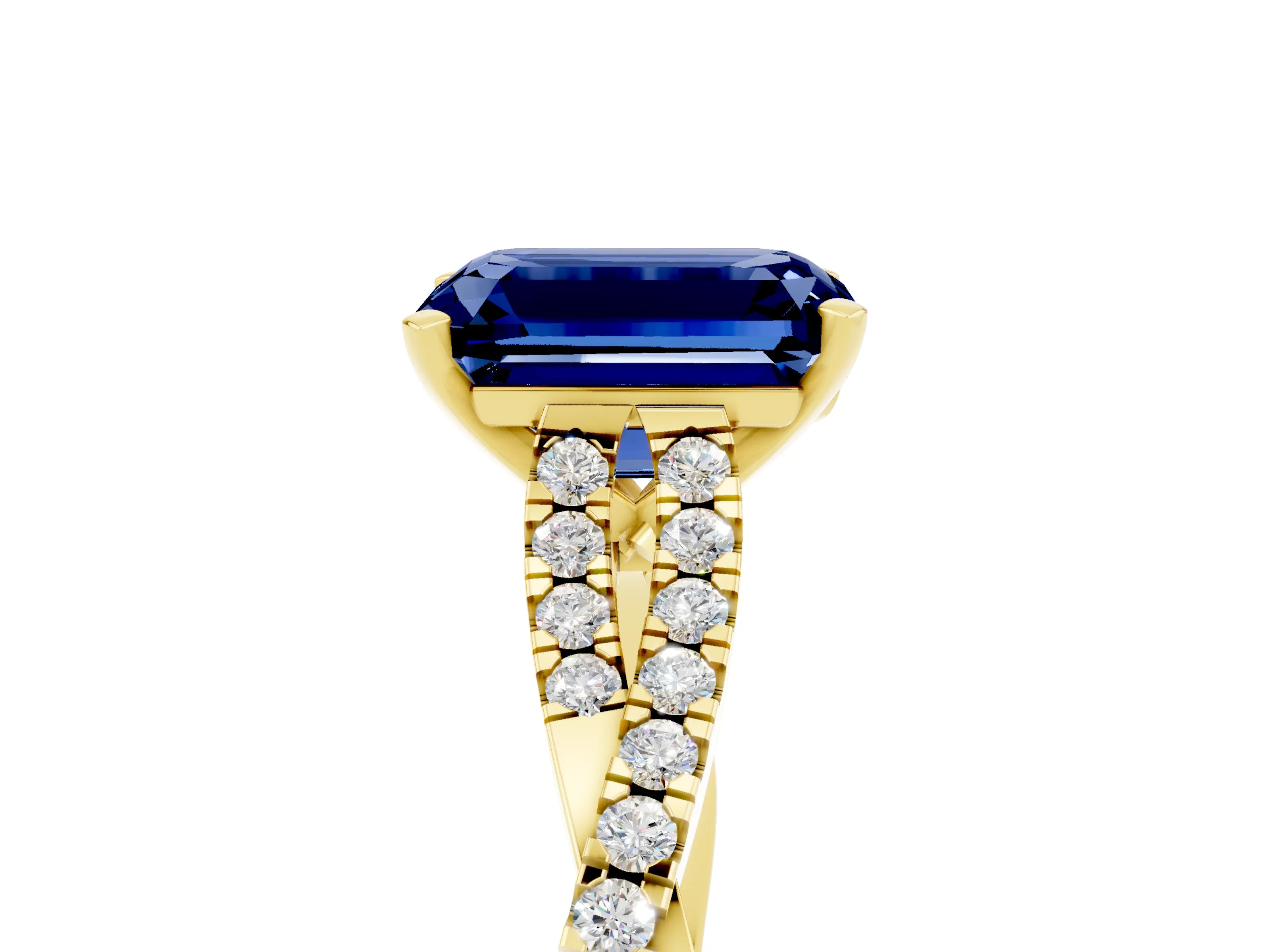 Yellow gold Emerald Cut Blue Sapphire Solitaire Engagement Ring with Twisted Pavé Band and Four-Prong Setting_5