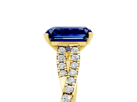 Yellow gold Emerald Cut Blue Sapphire Solitaire Engagement Ring with Twisted Pavé Band and Four-Prong Setting_5