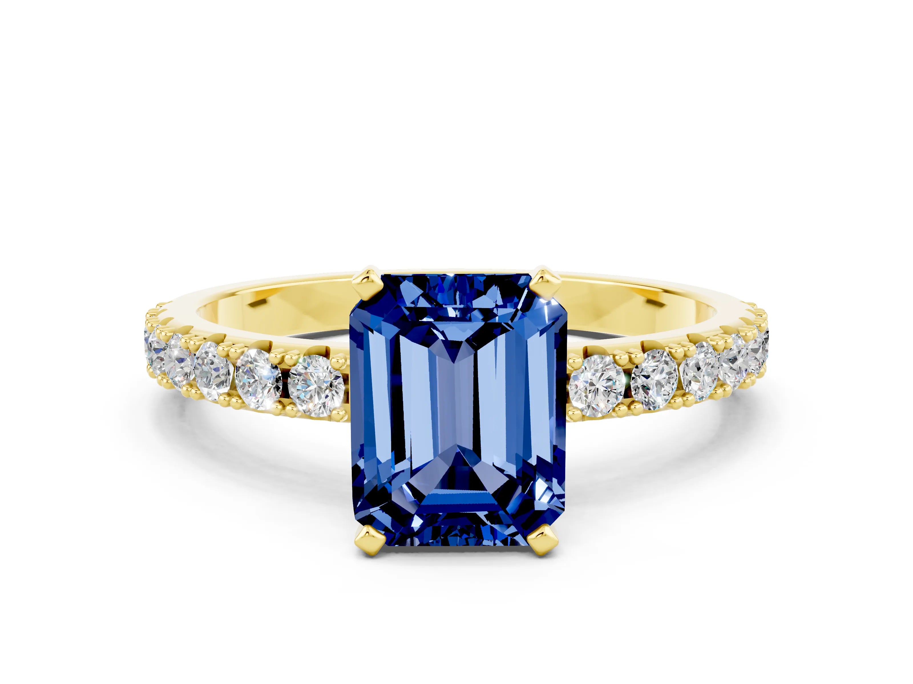 Yellow gold Emerald Cut Blue Sapphire Solitaire Pavé Band with Four-Prong Setting