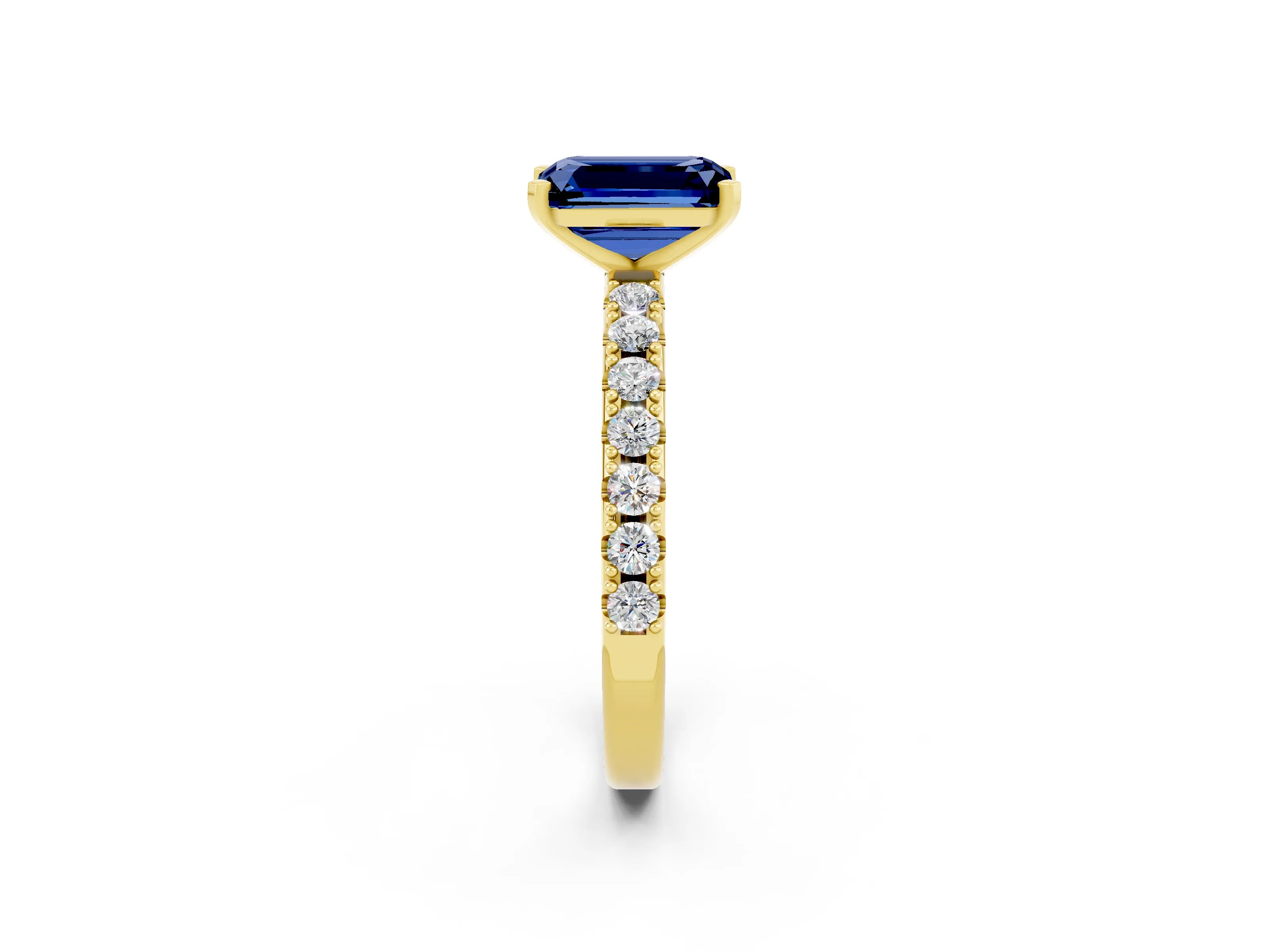 Yellow gold Emerald Cut Blue Sapphire Solitaire Pavé Band with Four-Prong Setting_2