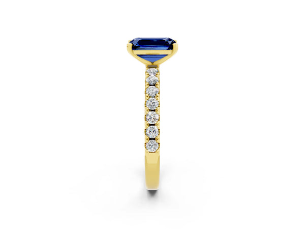 Yellow gold Emerald Cut Blue Sapphire Solitaire Pavé Band with Four-Prong Setting