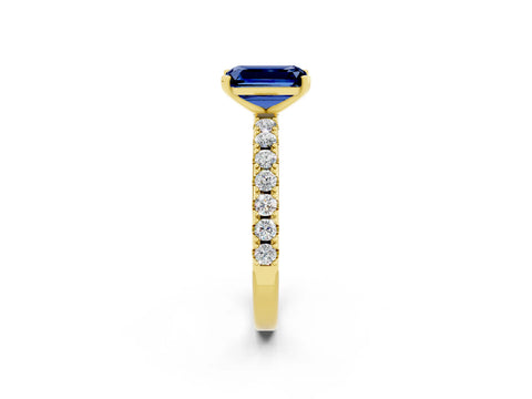 Yellow gold Emerald Cut Blue Sapphire Solitaire Pavé Band with Four-Prong Setting_2