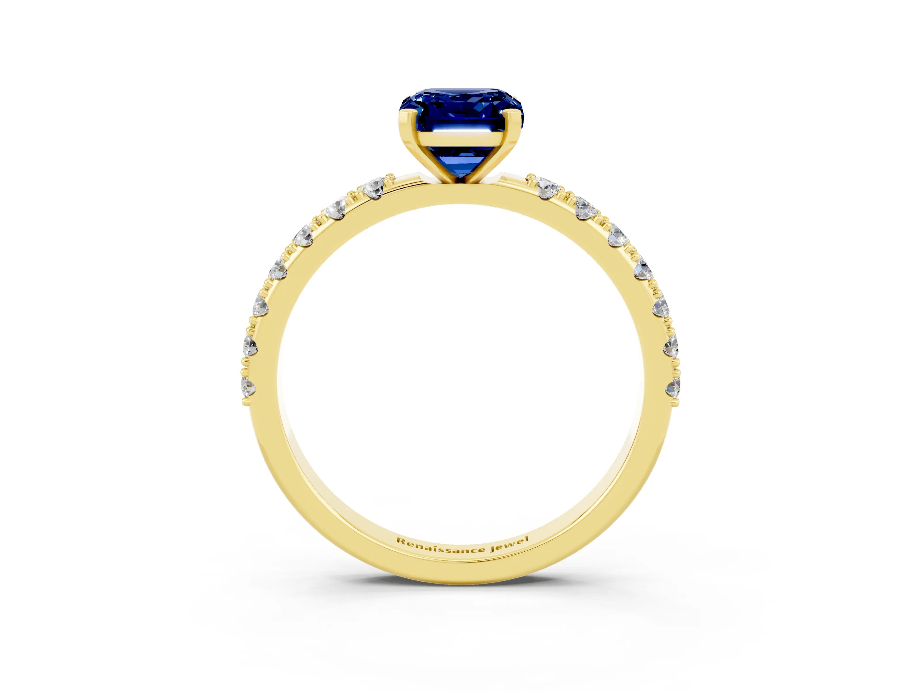 Yellow gold Emerald Cut Blue Sapphire Solitaire Pavé Band with Four-Prong Setting_3