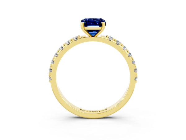 Yellow gold Emerald Cut Blue Sapphire Solitaire Pavé Band with Four-Prong Setting