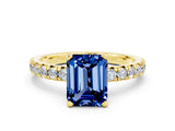 Yellow gold Emerald Cut Blue Sapphire Solitaire Pavé Engagement Ring with Round Band and Prong Setting_12