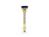 Yellow gold Emerald Cut Blue Sapphire Solitaire Pavé Engagement Ring with Round Band and Prong Setting_14