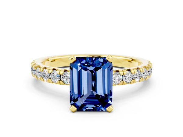 Yellow gold Emerald Cut Blue Sapphire Solitaire Pavé Engagement Ring with Round Band and Prong Setting