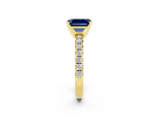 Yellow gold Emerald Cut Blue Sapphire Solitaire Pavé Engagement Ring with Round Band and Prong Setting
