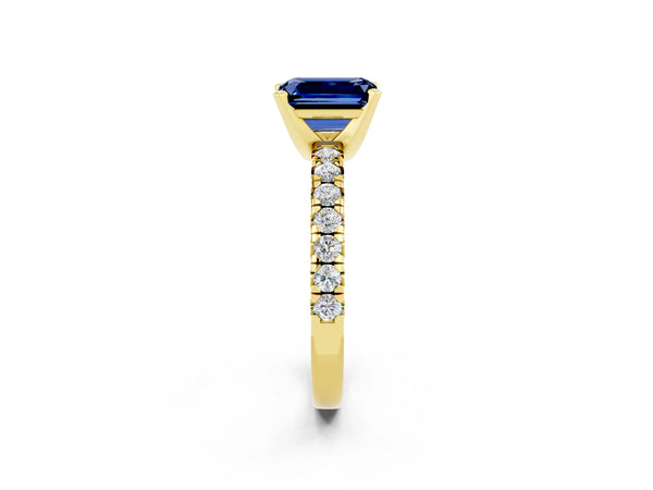 Yellow gold Emerald Cut Blue Sapphire Solitaire Pavé Engagement Ring with Round Band and Prong Setting