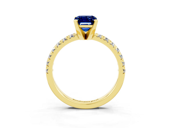 Yellow gold Emerald Cut Blue Sapphire Solitaire Pavé Engagement Ring with Round Band and Prong Setting