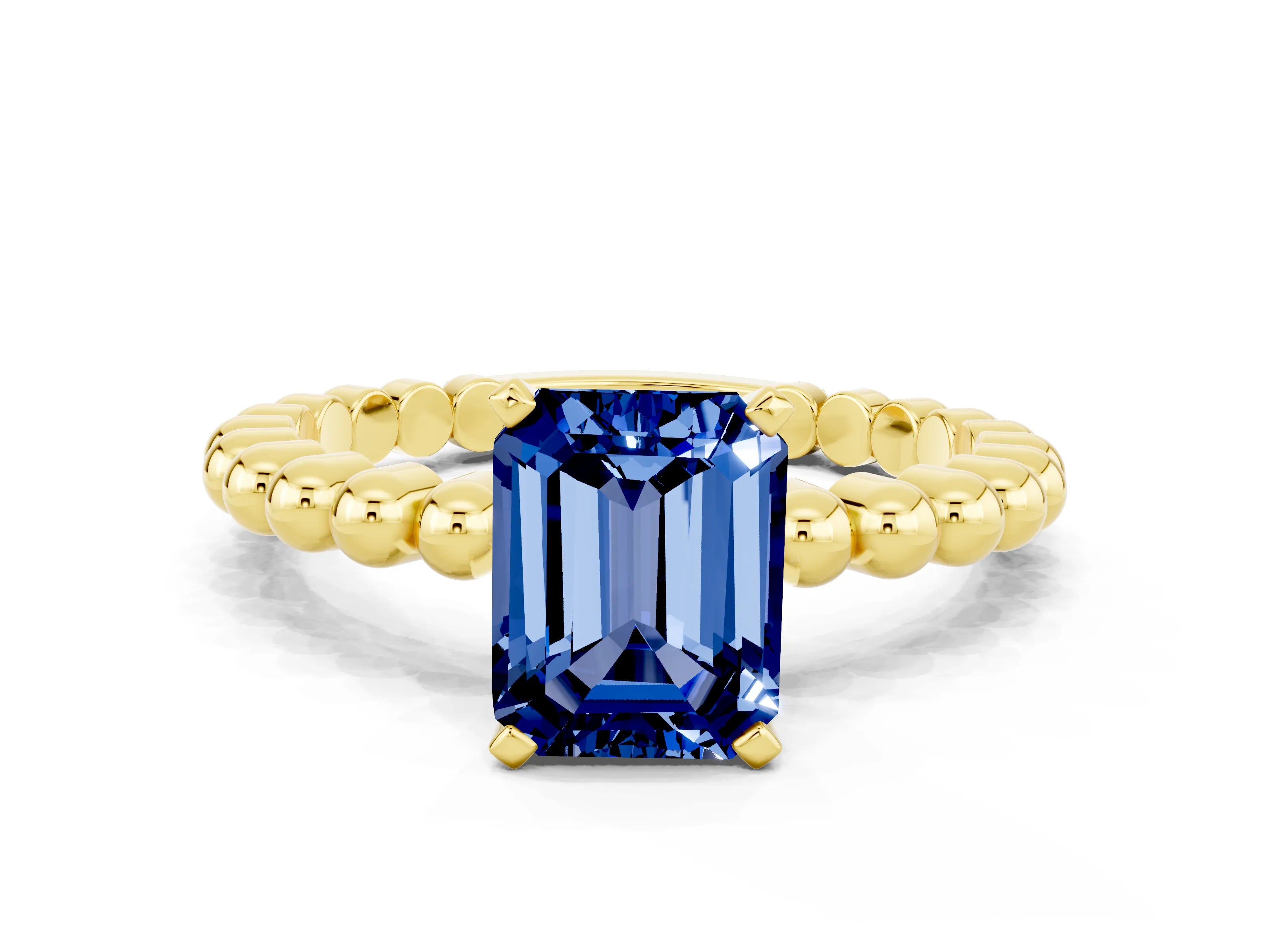 Yellow gold Emerald Cut Blue Sapphire Solitaire Ring with Beaded Band and Prong Setting