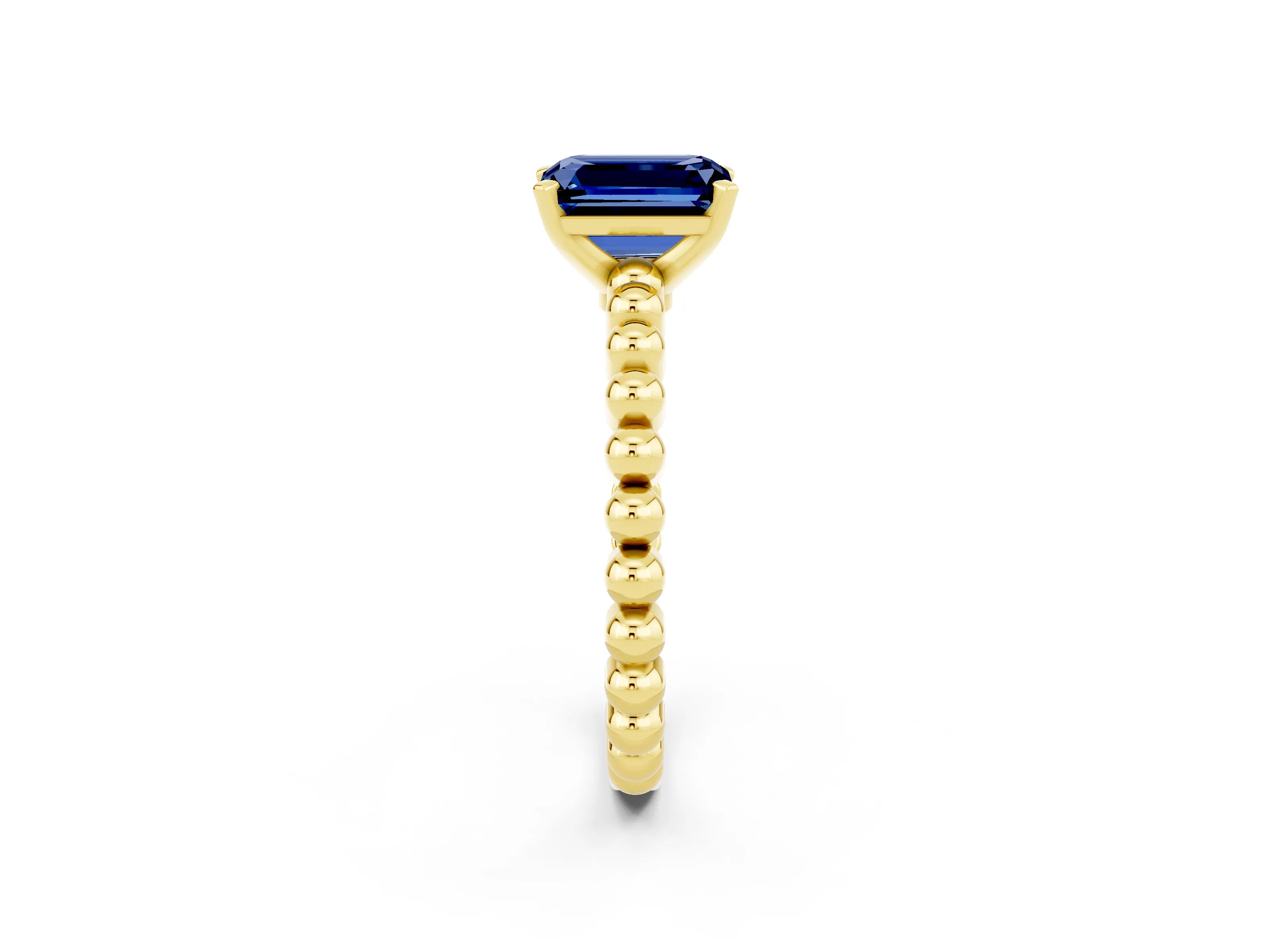 Yellow gold Emerald Cut Blue Sapphire Solitaire Ring with Beaded Band and Prong Setting_2