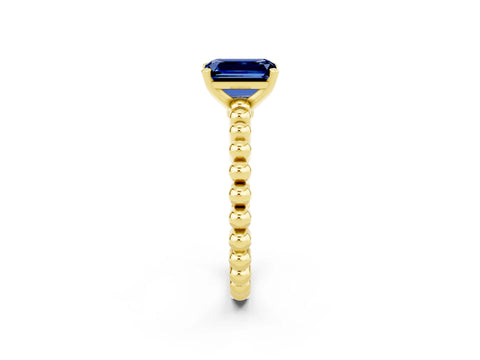 Yellow gold Emerald Cut Blue Sapphire Solitaire Ring with Beaded Band and Prong Setting_2