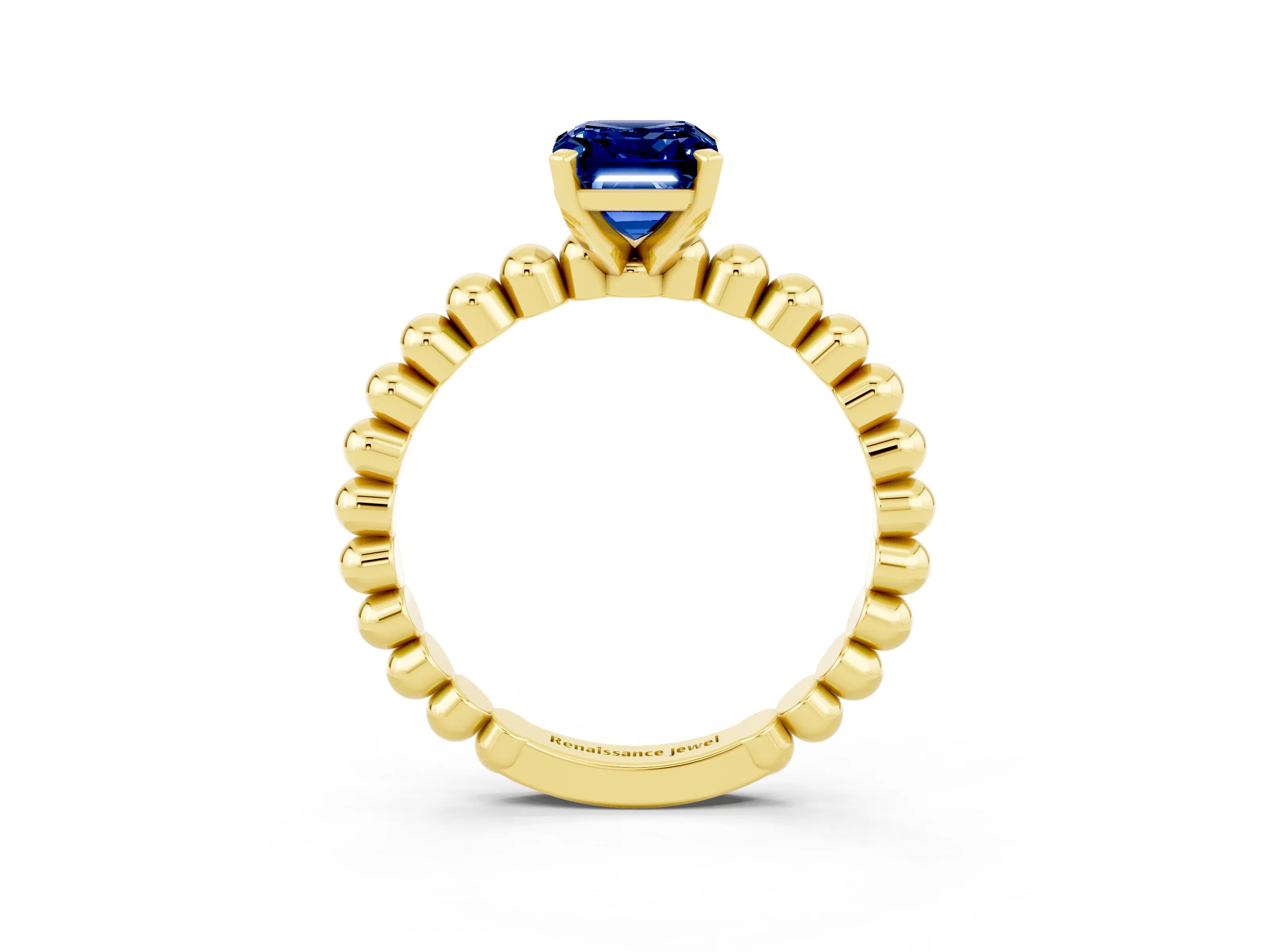 Yellow gold Emerald Cut Blue Sapphire Solitaire Ring with Beaded Band and Prong Setting_3