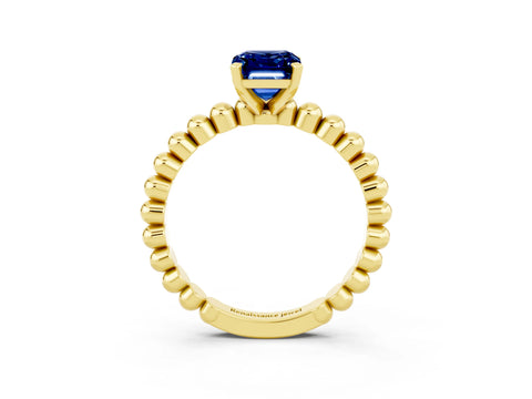 Yellow gold Emerald Cut Blue Sapphire Solitaire Ring with Beaded Band and Prong Setting_3