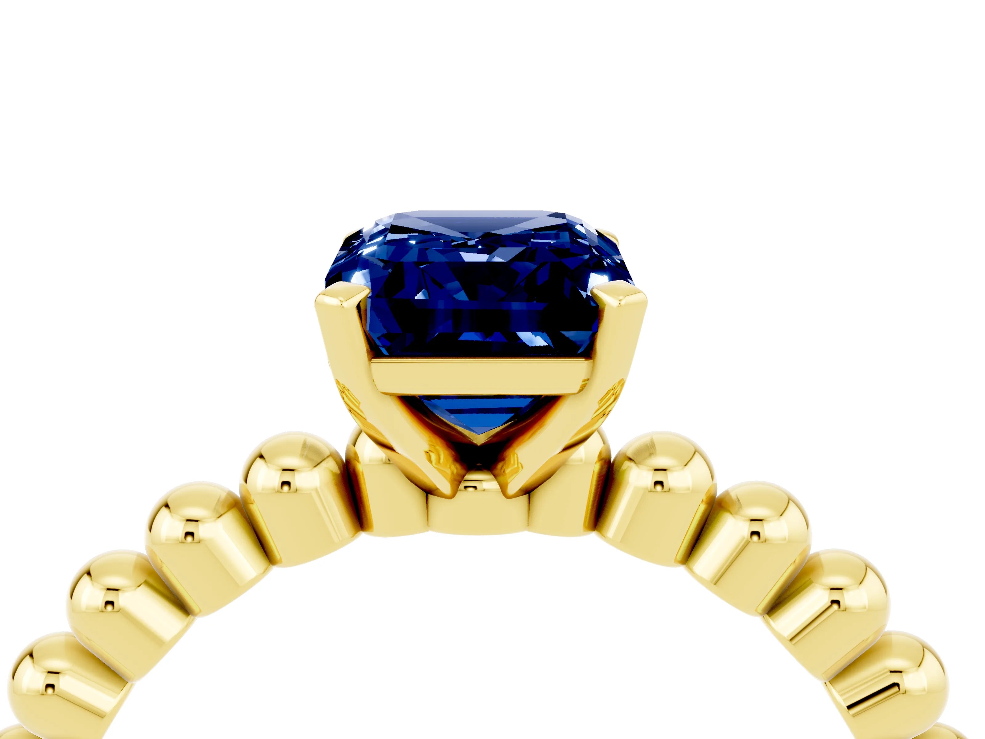 Yellow gold Emerald Cut Blue Sapphire Solitaire Ring with Beaded Band and Prong Setting_4