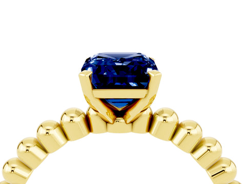 Yellow gold Emerald Cut Blue Sapphire Solitaire Ring with Beaded Band and Prong Setting_4