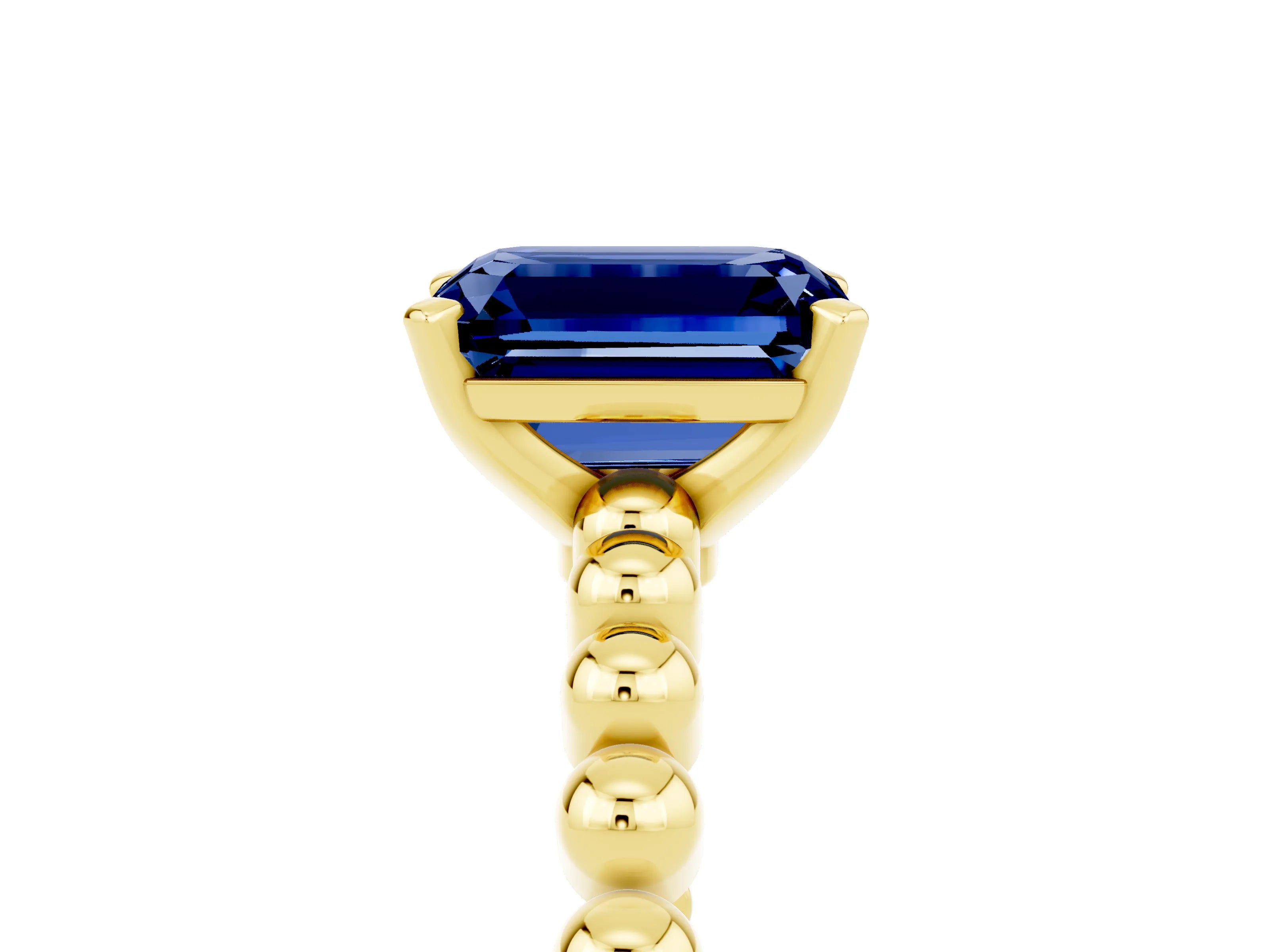 Yellow gold Emerald Cut Blue Sapphire Solitaire Ring with Beaded Band and Prong Setting_5