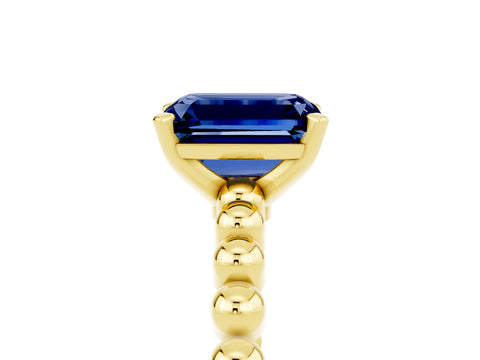 Yellow gold Emerald Cut Blue Sapphire Solitaire Ring with Beaded Band and Prong Setting_5