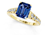 Yellow gold Emerald Cut Blue Sapphire Solitaire Ring with Cathedral Setting and Pavé Band_1
