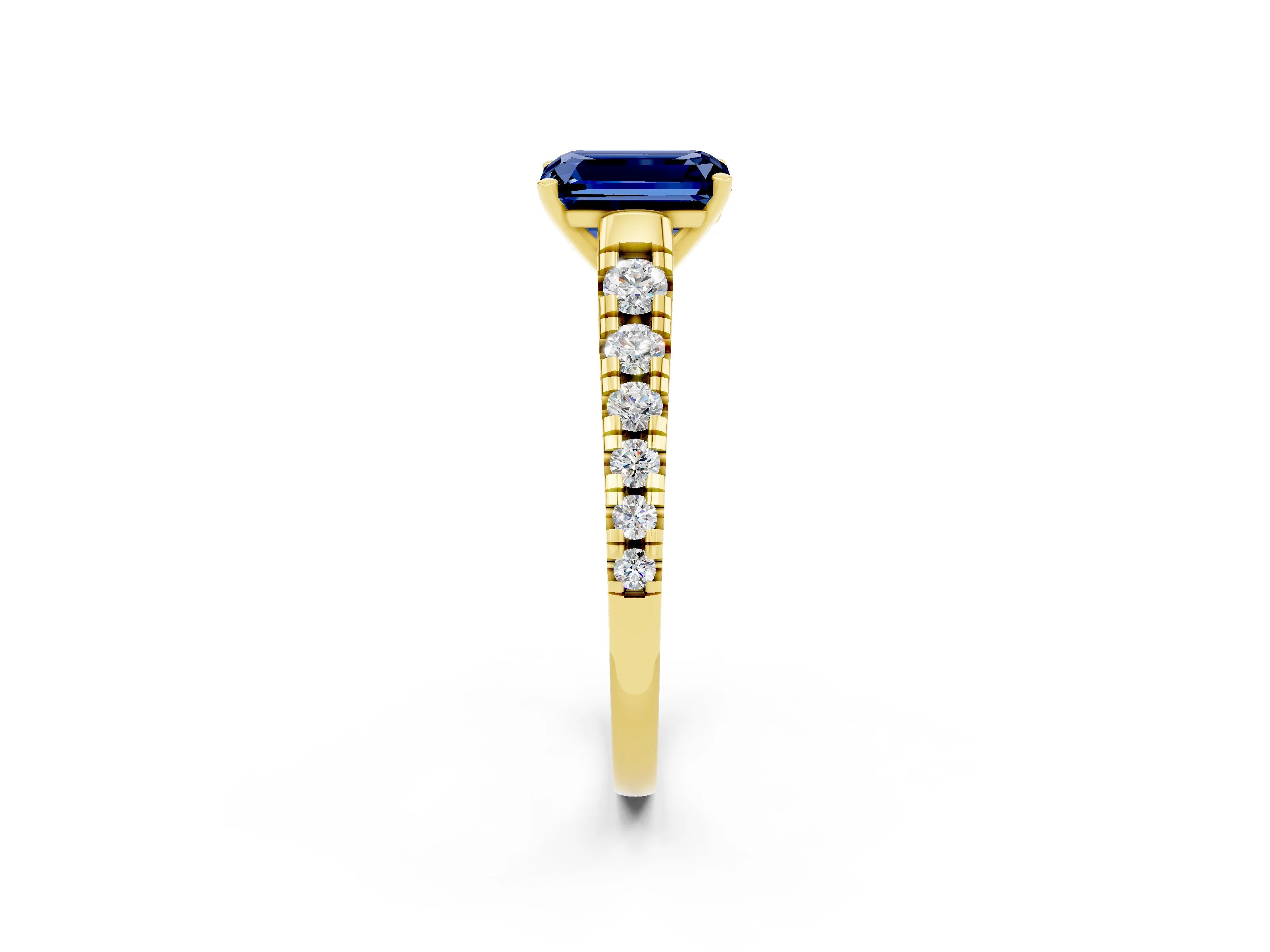 Yellow gold Emerald Cut Blue Sapphire Solitaire Ring with Cathedral Setting and Pavé Band_2