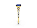 Yellow gold Emerald Cut Blue Sapphire Solitaire Ring with Cathedral Setting and Pavé Band_2