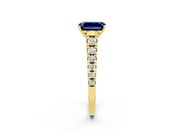 Yellow gold Emerald Cut Blue Sapphire Cathedral Solitaire Ring with Round  Pavé Band