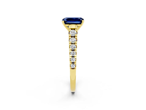 Yellow gold Emerald Cut Blue Sapphire Solitaire Ring with Cathedral Setting and Pavé Band_2